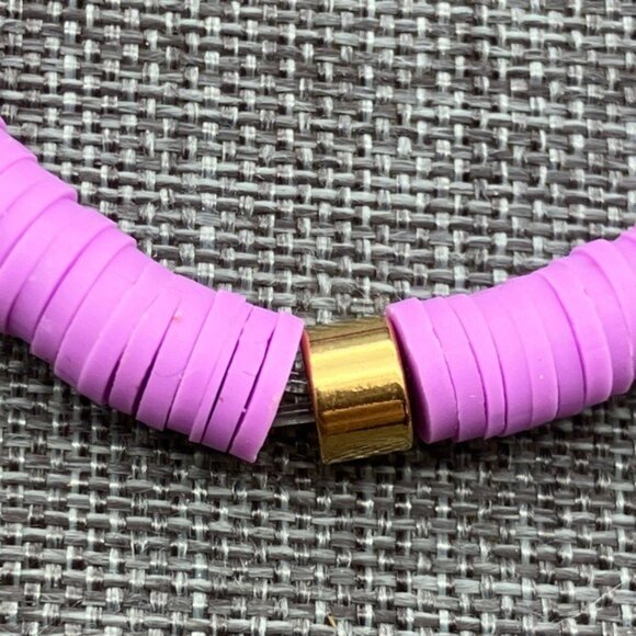 Heishi Clay Beaded Bracelet 7 In Pink Disc Stretch Gold Accent Stacked Barbie - Picture 2 of 4